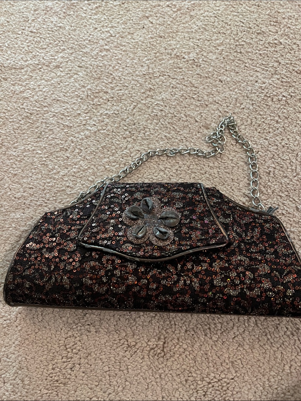 Sequin Floral Applique Evening Clutch in Brownand Rose Gold
